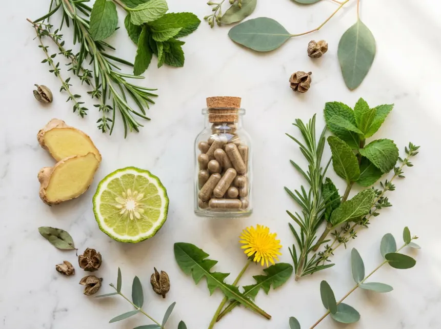 Ingredientes naturales y cápsulas de suplemento alimenticio